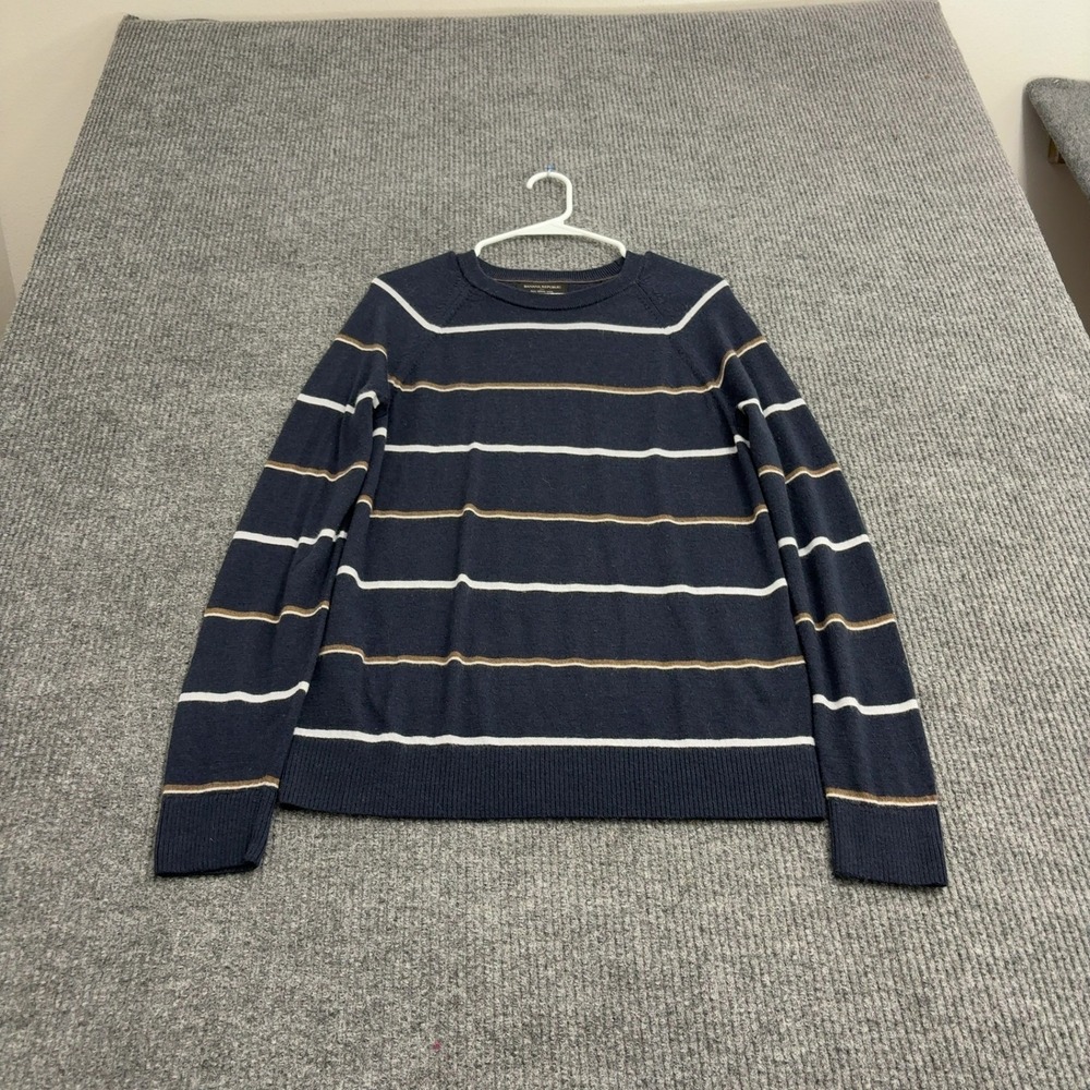 Banana Republic Sweater Mens M Navy Blue Merino Wool‎ Striped Crewneck Classic